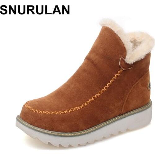 SNURULAN 2017 Autumn Winter Women Snow Boots Round Toe Ankle Warm Plush Boots Slip-On Women Shoes Flats Black Beige Brown Plus