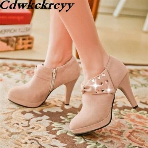 Winter New pattern fashion Round head Cashmere High-heeled Women Boots Waterproof Rhinestone Bow Grind Fine heel Ankle boots