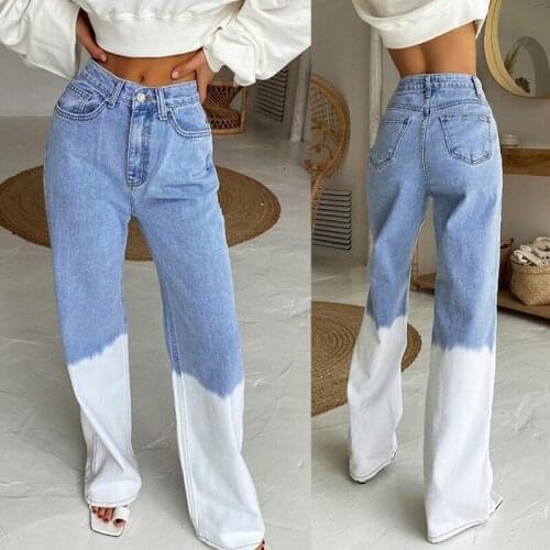 Women High Waist Wide Leg Jeans Gradient Tie-Dye Color Block Straight Denim Pants Harajuku Hip Hop Trousers with Pockets