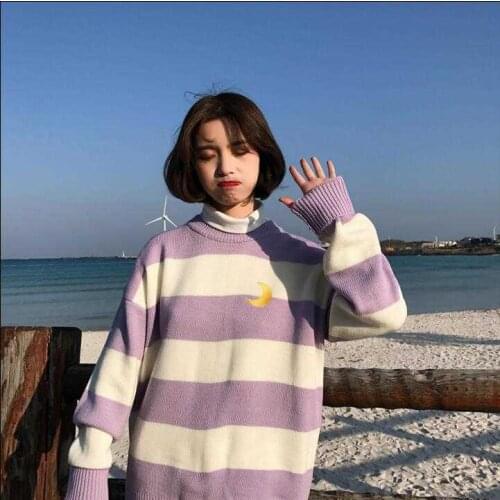 Womens Sweaters Kawaii Ulzzang College Wind Candy Contrast Striped Moon Sweater Female Korean Harajuku Clothing For Women