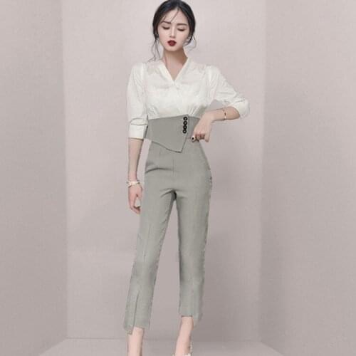 High Quality 2021 Spring Women 2 Piece Set Elegant Office Lady Outfits Hit Color Blouse and OL Plaid Pants Fashion Sets