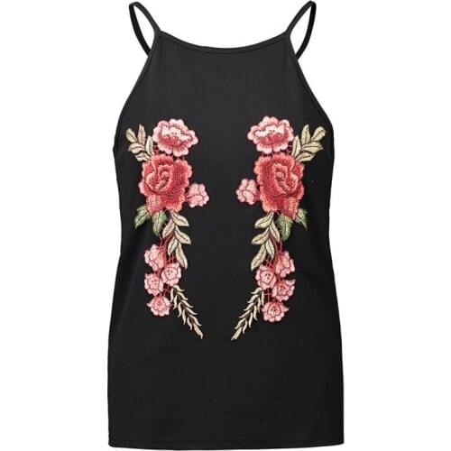 Newly Women Sexy Halter Strap Vest Tanks Floral Rose Embroidery Strappy Summer Beach Tanks Tops DOD886