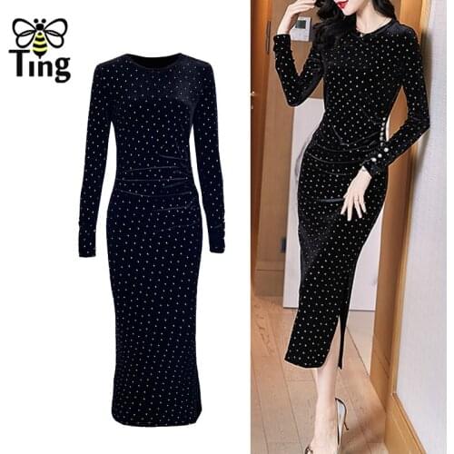 Tingfly Women Vintage Elegant Polka Dot Black Velvet Midi Long Dress Sexy Bodycon Party Night Dresses Zaful Vestidos Trendy Eam