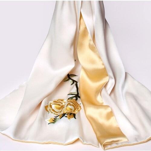 16MU 100% Pure Silk Scarf Handmade Embroidery Real Silk Satin Scarves 2020 Shawls and Wraps for Women Flower Natural Silk Scarf
