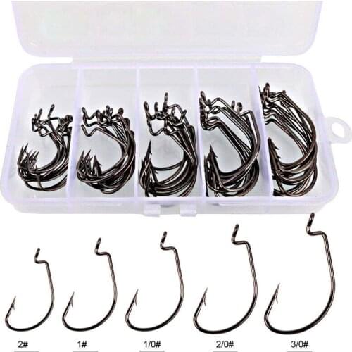 50Pcs/Set Superline Worm Hooks Jig Circle Fishing Hooks Soft Bait Texas Rig Wide Gap High Carbon Steel Hooks With Storage Box