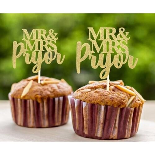 Custom any name Mr & Mrs glitter wedding Cupcake Toppers, personalize names glittery Gold birthday bachelor party cake Toppers
