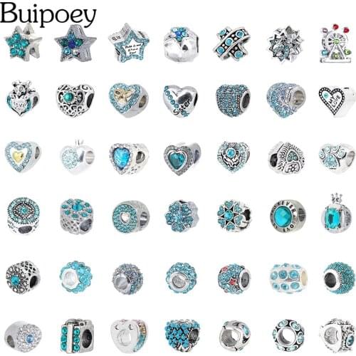 Buipoey Cyan-blue Rhinestone Flower Beads Crystal Star Heart Charm Fit Bracelet & Necklace Silver Color Jewelry Accessory Beaded