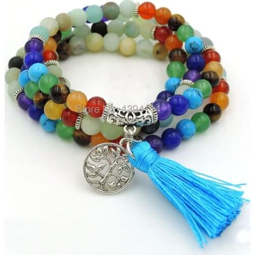 Tree Life 6mm Matte Amazonite And 7 Chakra Balance Combination 108 Beads Beaded Bracelet Necklace