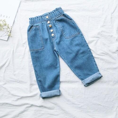 Children Denim Jeans Pants Brand Fashion Button Design Casual Jeans Kids Harem Trousers Girl Pants Baby Cowboy Clothing Pants