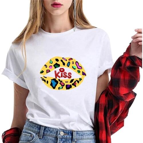 Girl Tees Summer Fashion Lips Leopard Graphic T-shirt Womens Tops O-Neck Korean Style White Funny Short Sleeve Female T-shirt