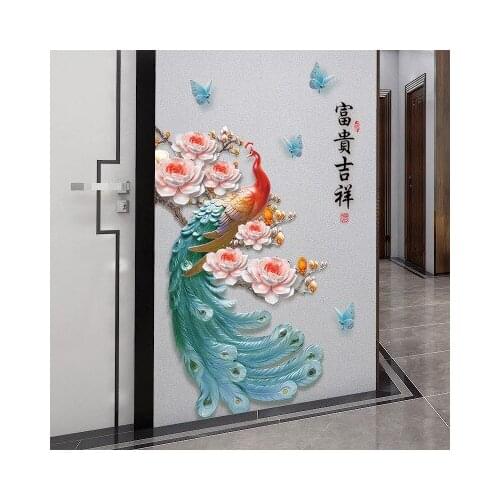 Chinese Style Wall Sticker Rich Auspicious Peacock Peony Wallpaper Porch Living Room Study TV Background Wall Decals Door Poster