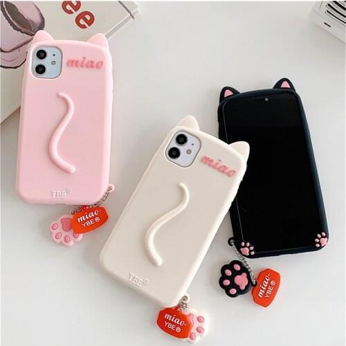 3D Cute Cat Ears tail Phone Case For iphone 12 Pro MAX 12 11Pro MAX XS MAX XR X 6 6s 7 8 Plus Cartoon Cat paw Pendant Soft Cover