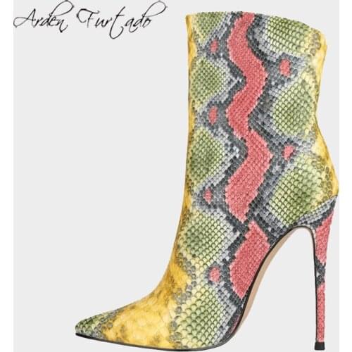 Arden Furtado Fashion Womens Shoes Winter Pointed Toe Mixed Colors sexy Stilettos Serpentine Heels Half Boots high heels 12cm
