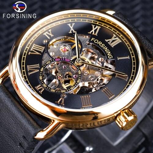 Forsining Black Golden Openwork Watches Mens Mechanical Wristwatches Top Brand Luxury Black Genuine Leather Belt Heren Horloge