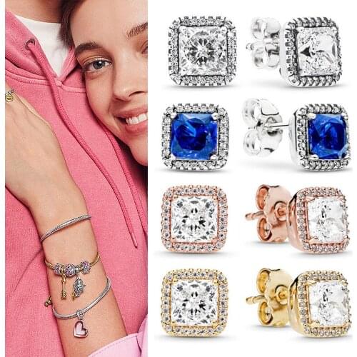 Original 925 серьги Silver Pan Earrings Shiny Rose Gold Square With Crystal Pan Earrings For Women Wedding Gift Fashion Jewelry