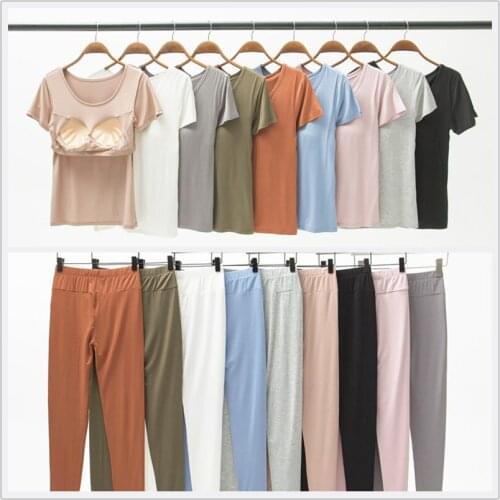 Modal short-sleeved trousers suit with bra pads and cups, womens half-sleeved thin section home service pajamas pajamas set