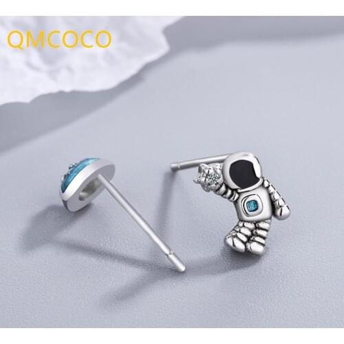 QMCOCO Korean Style Cute Punk Personality Space Astronaut Hip-Hop Earrings Design 925 Silver Men And Women Party Jewelry Gifts