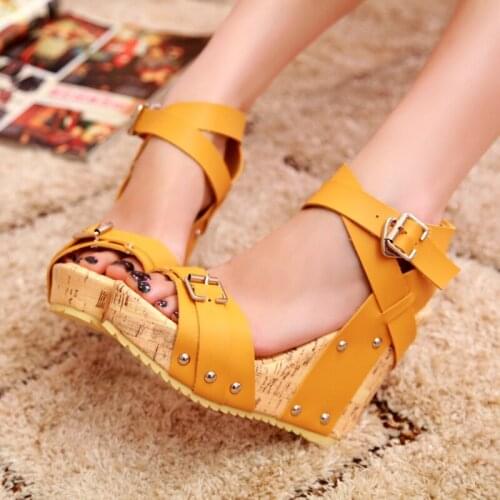 Summer Women Wedges Green Yellow Sandals Fashion Sexy Buckle Narrow Band Waterproof Consice Height 33-40