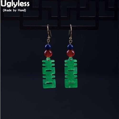 Uglyless 100% Real 925 Sterling Silver Antique Women Vintage Dangle Earrings China Style XI=HAPPY Earrings Emerald Jade Brincos