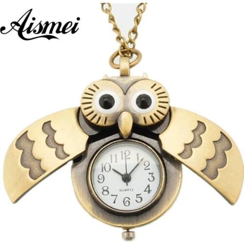 Vintage Cute Open Wing Necklace Pendant Owl Pocket Watches for Men Women Bronze Bird Quartz Steampunk Fashion watche 5pcs/lot
