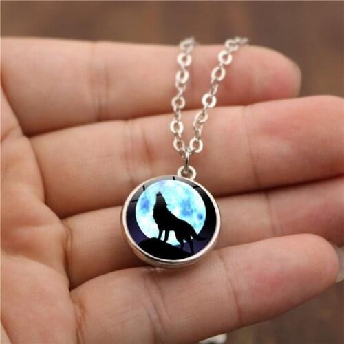 WG 1pc Howling Wolf Howling Moon Double Sided Glass Pattern Time Gem&stone Pendant Necklace Metal Cabochon Necklace Jewelry