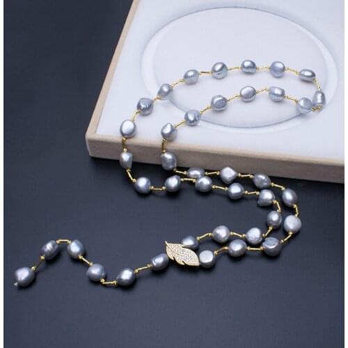Baroque Natural Pearl In Grey Color Necklace With Leaf Decoration Women Keshi Pearl Sweater Necklace Chain Jewelry
