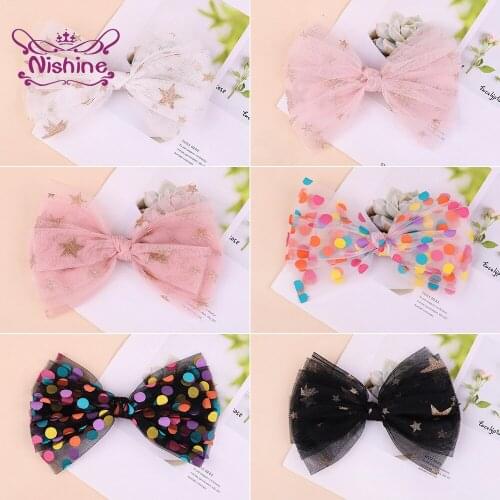 15*10.6 CM Lovely Wave Point Print Bowknot Princess Hairpins Fashion Handmade Net Yarn Bows Hair Clips Baby Headwear Photo Props