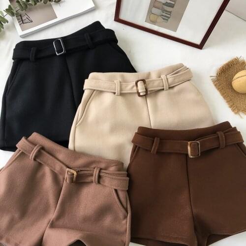 Plus Size Korean Shorts Women Autumn Winter High Waist Shorts With Belt Casual Loose Woolen Thick Warm Boots Shorts Short Pants