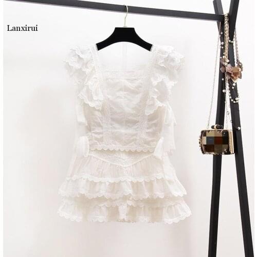 Summer Sexy Hollow Out Embroidery Lace Set Womens Suits Ruffles Short Sleeve Tops + White Mini Short Skirts 2 Piece Sets