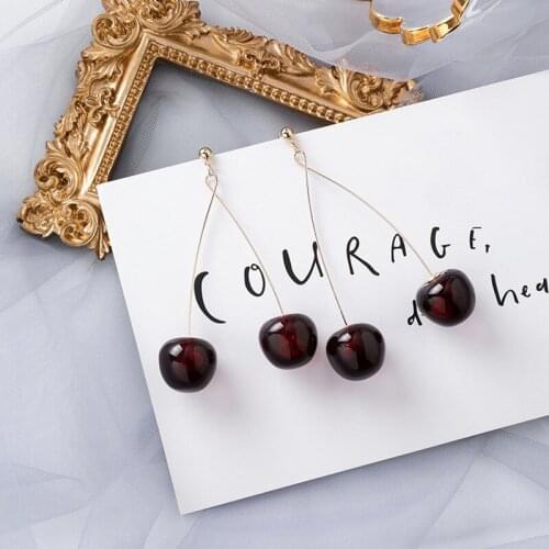 Silver Pin Spring Summer Autumn Winter New Wine Red Cherry Cute Fruit Long Drop Earrings For Women Vintage Pendientes Gifts