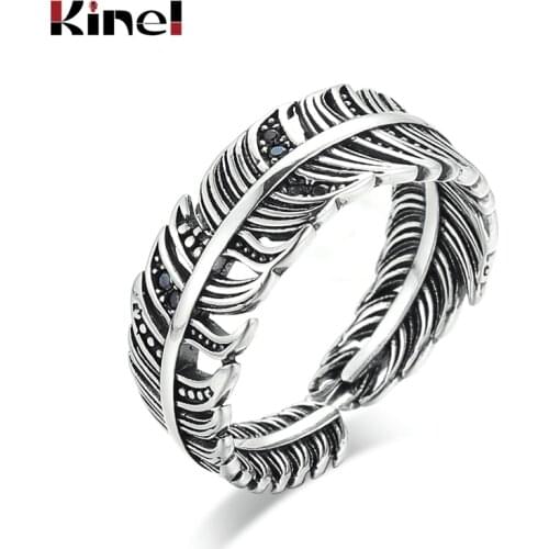 Kinel S925 Sterling Silver Jewelry retro Personality Adjustable Temperament Open Ring Female Creative Feather Woman ring
