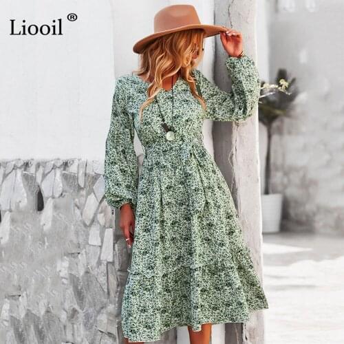 Liooil Floral Print Midi Dress V Neck Long Sleeve Bandage Dresses For Women Ladies Casual Vacation Dress Autumn Winter 2021