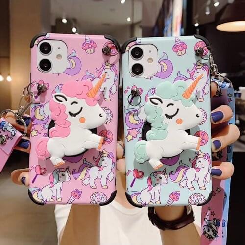 3D cartoon Cute rainbow pink unicorn stand holder with lanyard case for iphone 2020 SE 12 Pro MAX MiNi lovely anime phone cover