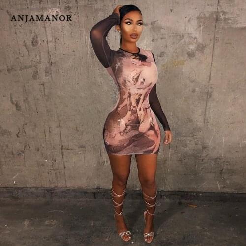 ANJAMANOR Aesthetic Print Mesh Stretch Long Sleeve Dress Women Sexy Outfit Club Wear Transparent Bodycon Mini Dresses D82-BF10