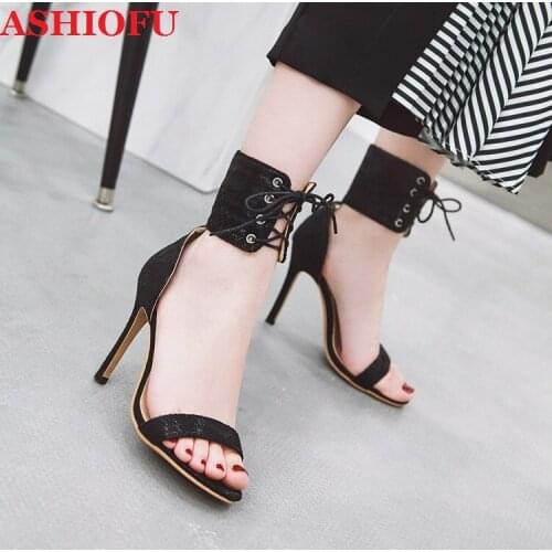 ASHIOFU Wholesale Real Pictures Ladies High Heels Sandals Cross Ankle Strap Party Prom Summer Shoes Sexy Evening Fashion Sandals