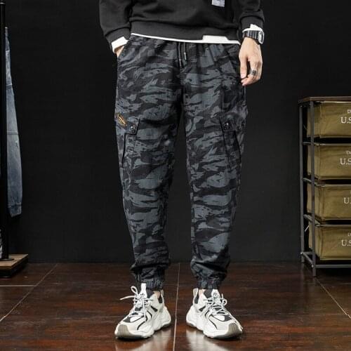 New Brand Mens Camouflage Black Pants Autumn Washed Cargo Pants Street Style Elastic Waist Comfortable Trend Elasticity Pants