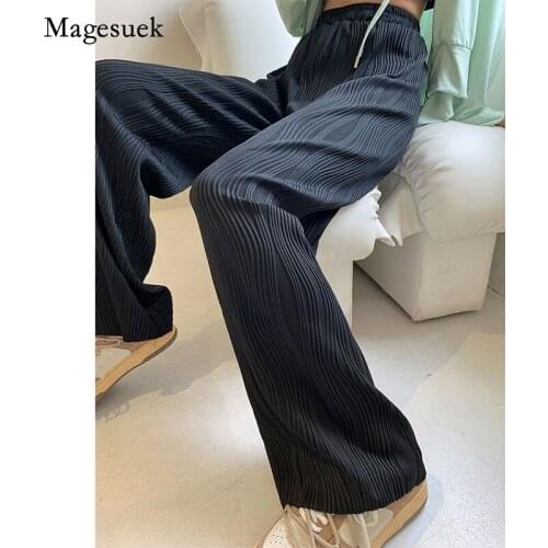 OL Full Length Pants 2021 Summer Autumn New High Waist Pants for Women Striped Casual Pants Straight Thin Wide Leg Pants 16637