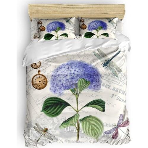 Purple Flower Dragonfly Clock Retro Duvet Cover Set Warm and Comfortable Bed Sheet Bedroom Comforter Set 2/3/4pcs Bedding Set