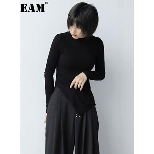 [EAM] Women Black Brief Irregular Split Joint T-shirt New Round Neck Long Sleeve Fashion Tide Spring Autumn 2021 1DB226