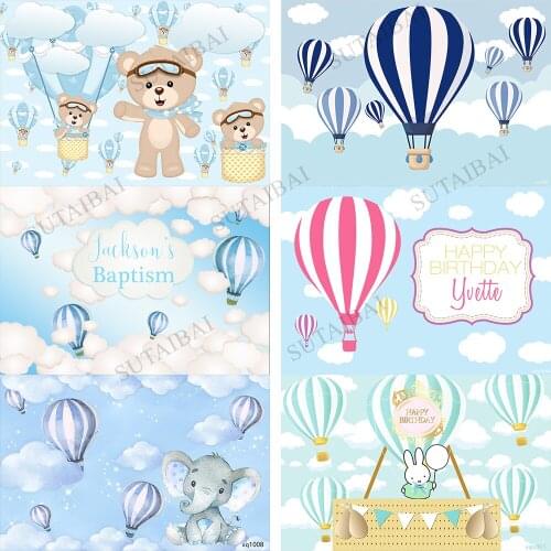 Hot Air Balloons Photo Background Newborn Photocall Props Whit Clouds Blue Sky Rabbit Bear Baby Shower Photography Background