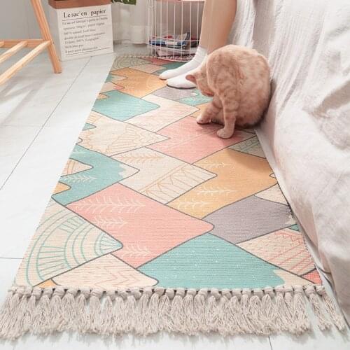 Ins Japanese Style Cotton Hand-woven Bedside Carpet Floor Mats Home Bedroom Area Rug Long Tassel Non-slip Table Runner Door Mat