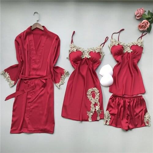 Women Burgundy Satin 4 Pieces Pajamas Sets Sleepwear Pijama Lace Sleep Lounge Pyjama with Chest Pads Homewear