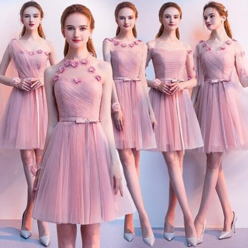 Beauty Emily Elegant Boat Neck Bridesmaid Dresses Short Vestido Madrinha 2019 Charming Dust Pink Wedding Dress with Appliques