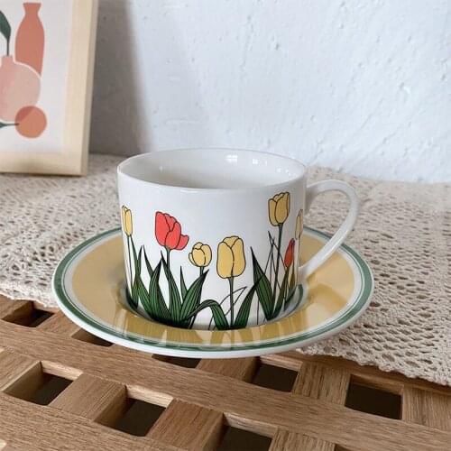 Mug Pastoral Style Coffee Cup Saucer Set Ceramic Mug Hand Painted Tulip Bear Cup Cute Girls Afternoon Tea Cup Dessert Plate