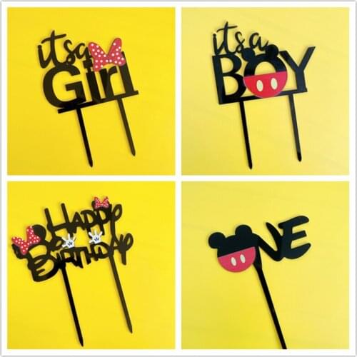 Boy girl bow Happy Birthday Cake Topper Gold black Acrylic Birthday Party Cupcake topper For Baby Shower Cake Dessert Decoration
