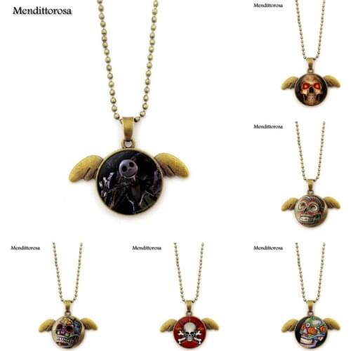 Mendittorosa Skull Jewelry Crystal Bronze Angel Wings Necklaces Cabochon Glass Dome Handmade Jewelry