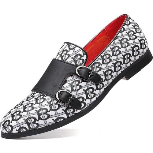 Mens Fashion Splicing Buckle Moccasins Shoes Mens Printed Leather Casual Driving Loafers Shoe Men Trendy Party Wedding Flats