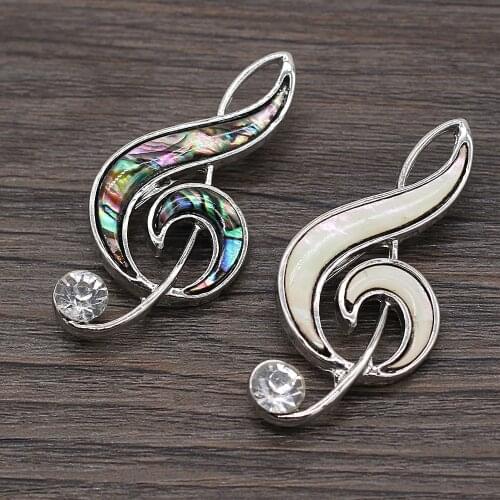 New Natural Shell Brooches Reiki Heal Musical Note Shape Alloy Pins for Girls Party Weddings Costume Coat Accessories Jewelry