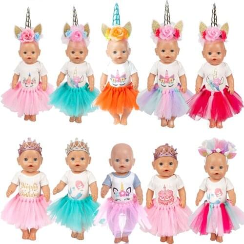 New Fit 17 inch 43cm Baby New Born Doll Clothes Accessories 3-piece Gauze Skirt Gold Unicorn Headband For Baby Birthday Gift
