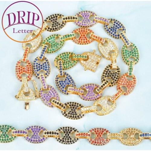 12MM Mixed Color Cubic Zircon Necklace With Bracelet For Mens Hip Hop Cuban Link Set Jewelry